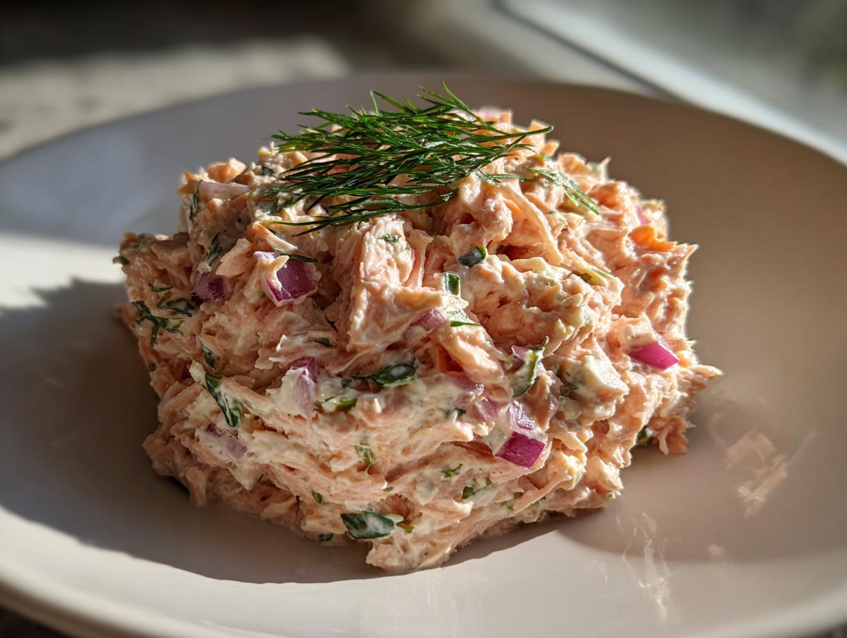 A close-up of a perfectly scooped portion of creamy salmon salad mixed with red onion and topped with fresh dill.