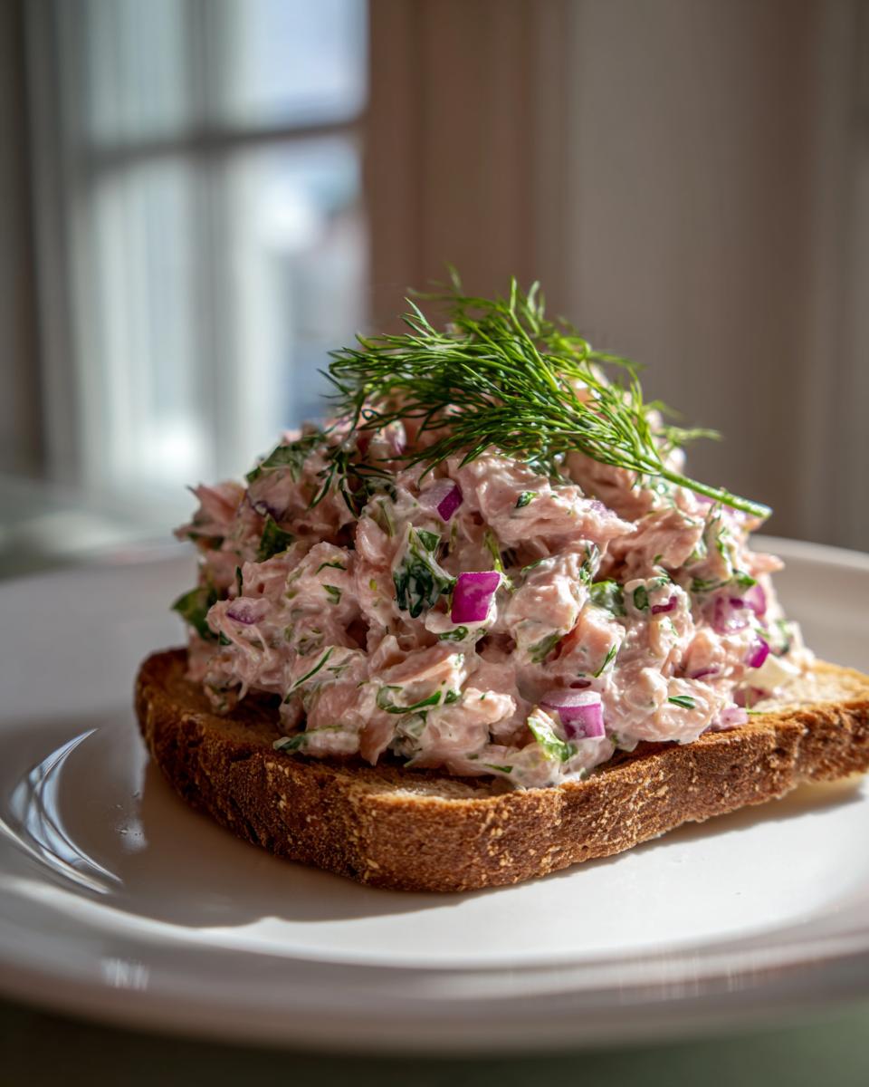 A generous scoop of creamy salmon salad with red onion and dill piled high on a slice of dark toast.