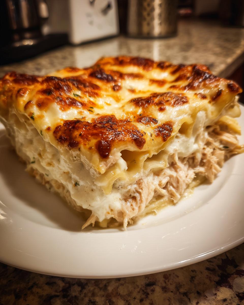 A close-up of a hearty slice of white sauce chicken lasagna with a golden-brown, bubbly cheese top.