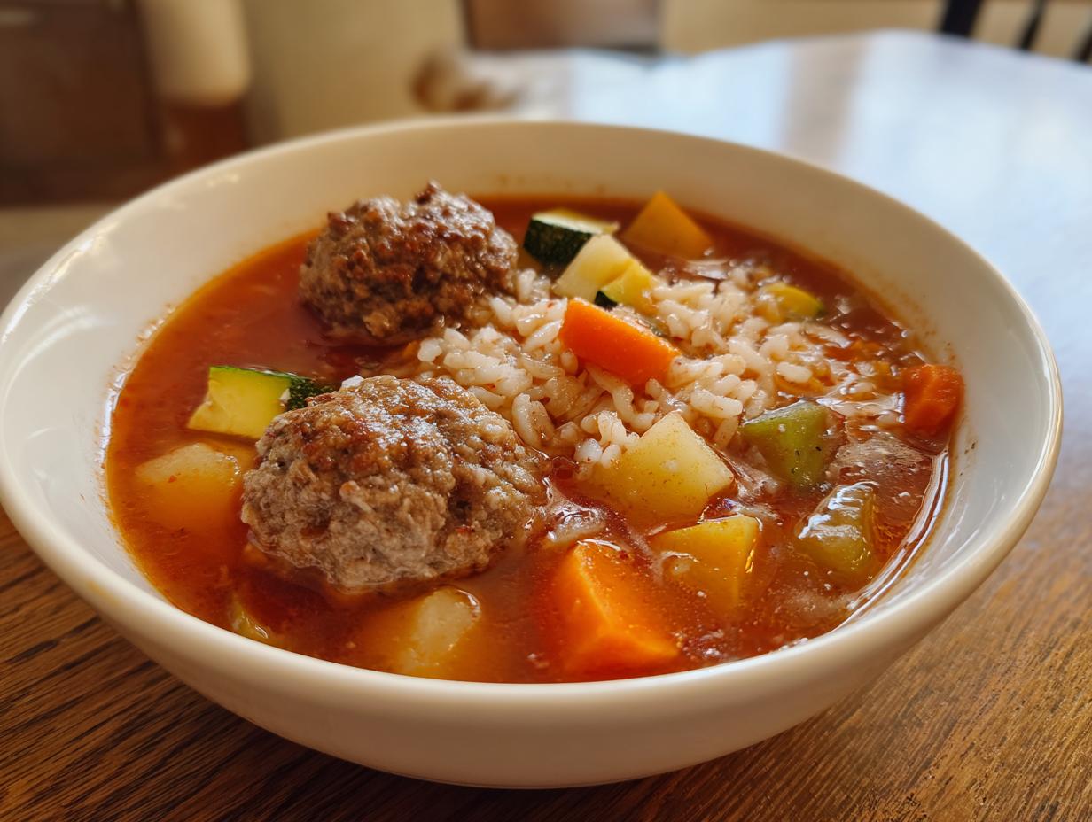 Close-up of a white bowl filled with rich, red broth albondigas soup, featuring two meatballs, rice, carrots, and zucchini.