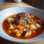 Close-up of a bowl of vibrant red albondigas soup featuring a large meatball cut in half, showing rice filling, surrounded by carrots and zucchini.