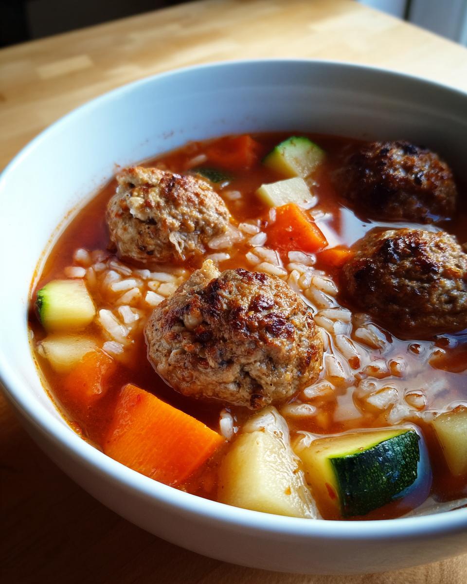 Close-up of a white bowl filled with flavorful albondigas soup featuring browned meatballs, rice, carrots, and zucchini chunks.