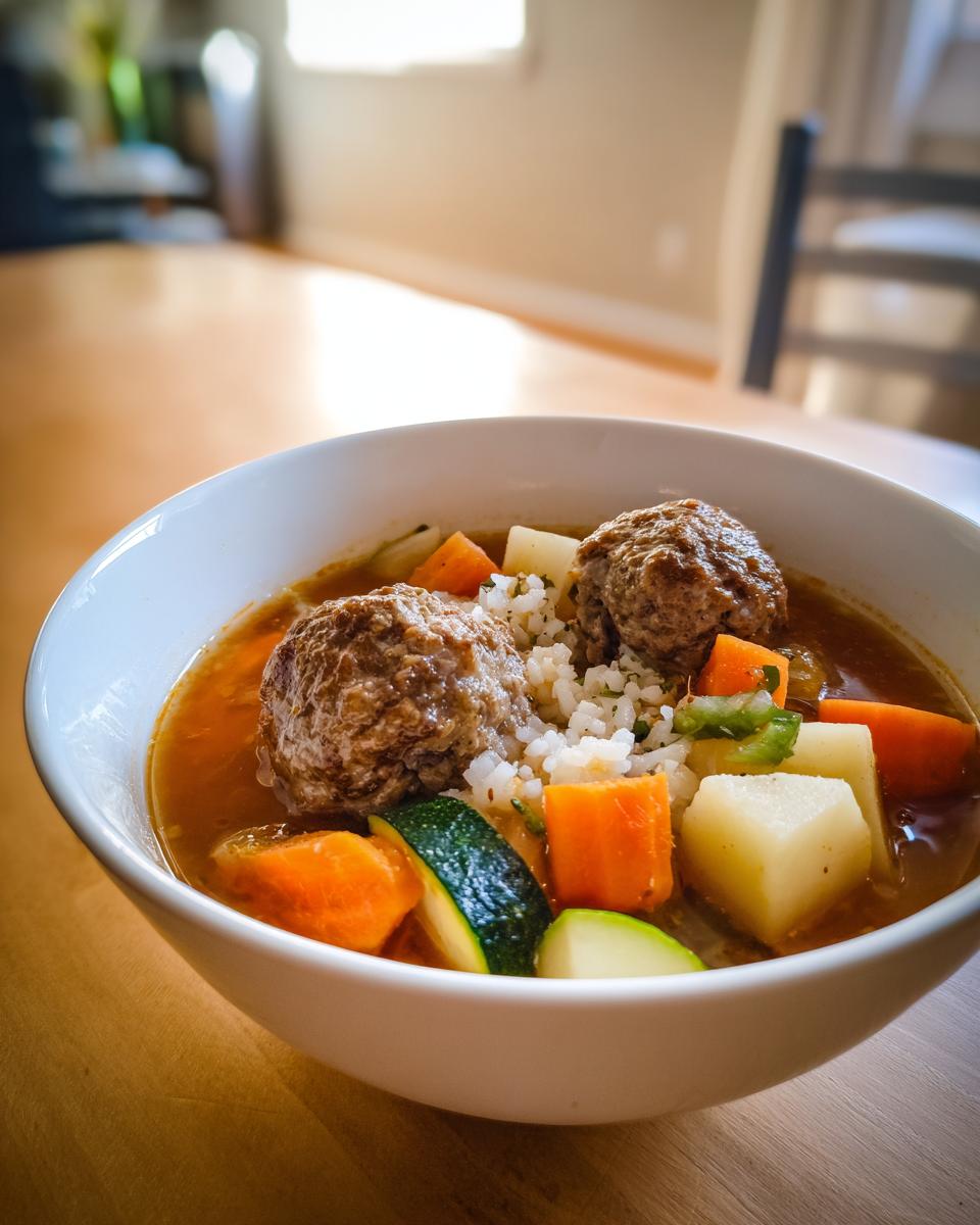 A close-up of a white bowl filled with albondigas soup, featuring meatballs, carrots, zucchini, potatoes, and rice in a rich broth.
