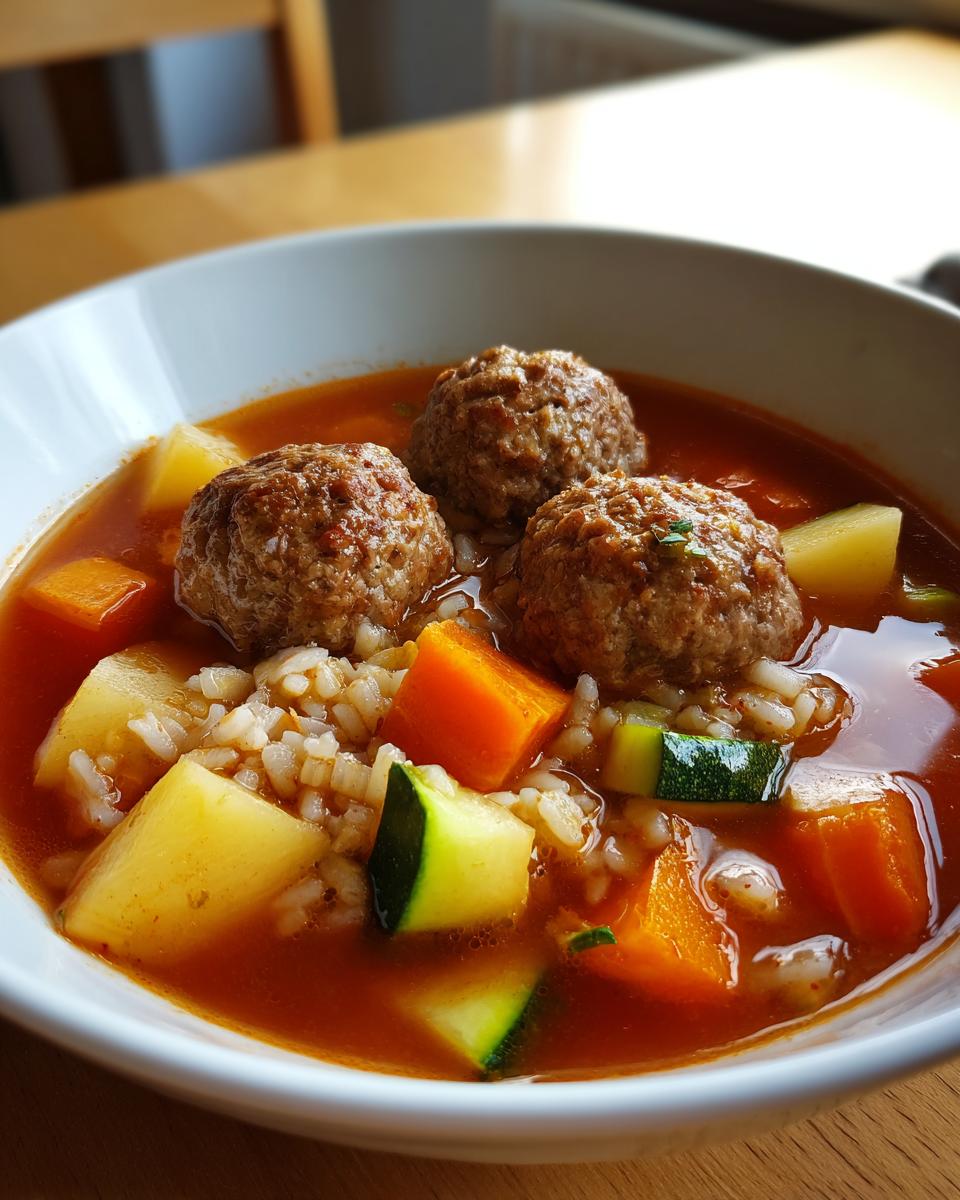 Close-up of a white bowl filled with rich tomato broth albondigas soup, featuring three meatballs, rice, potatoes, carrots, and zucchini.