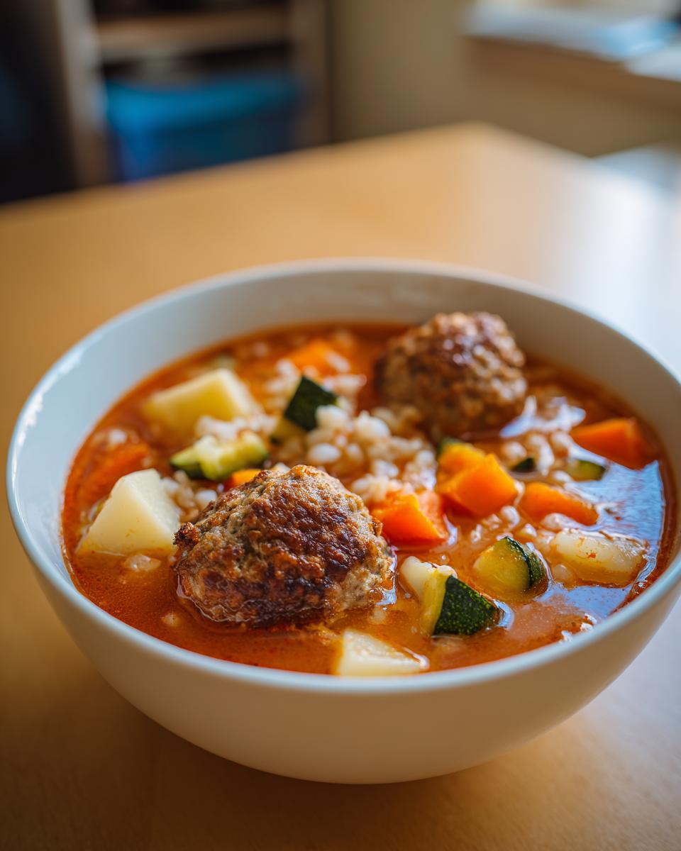 Close-up of a white bowl filled with rich, tomato-based albondigas soup featuring meatballs, potatoes, carrots, and zucchini.