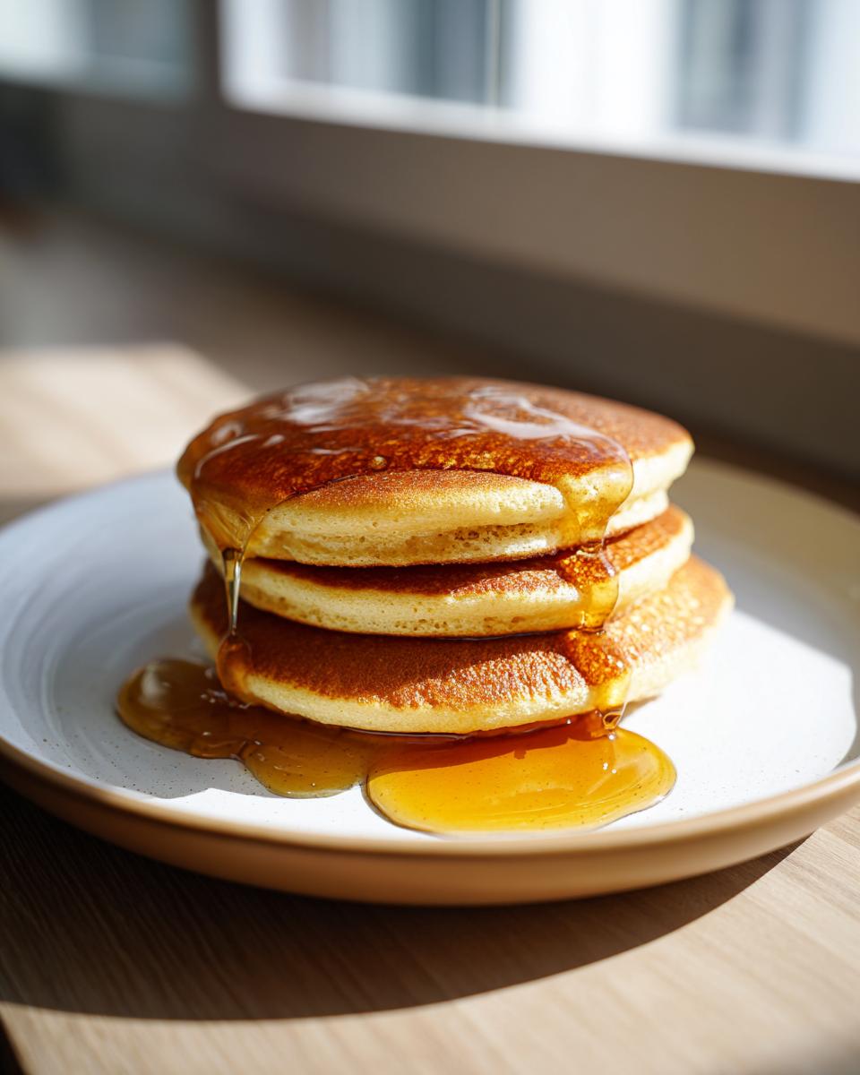 A stack of three golden brown almond flour pancakes generously drizzled with syrup on a white plate.