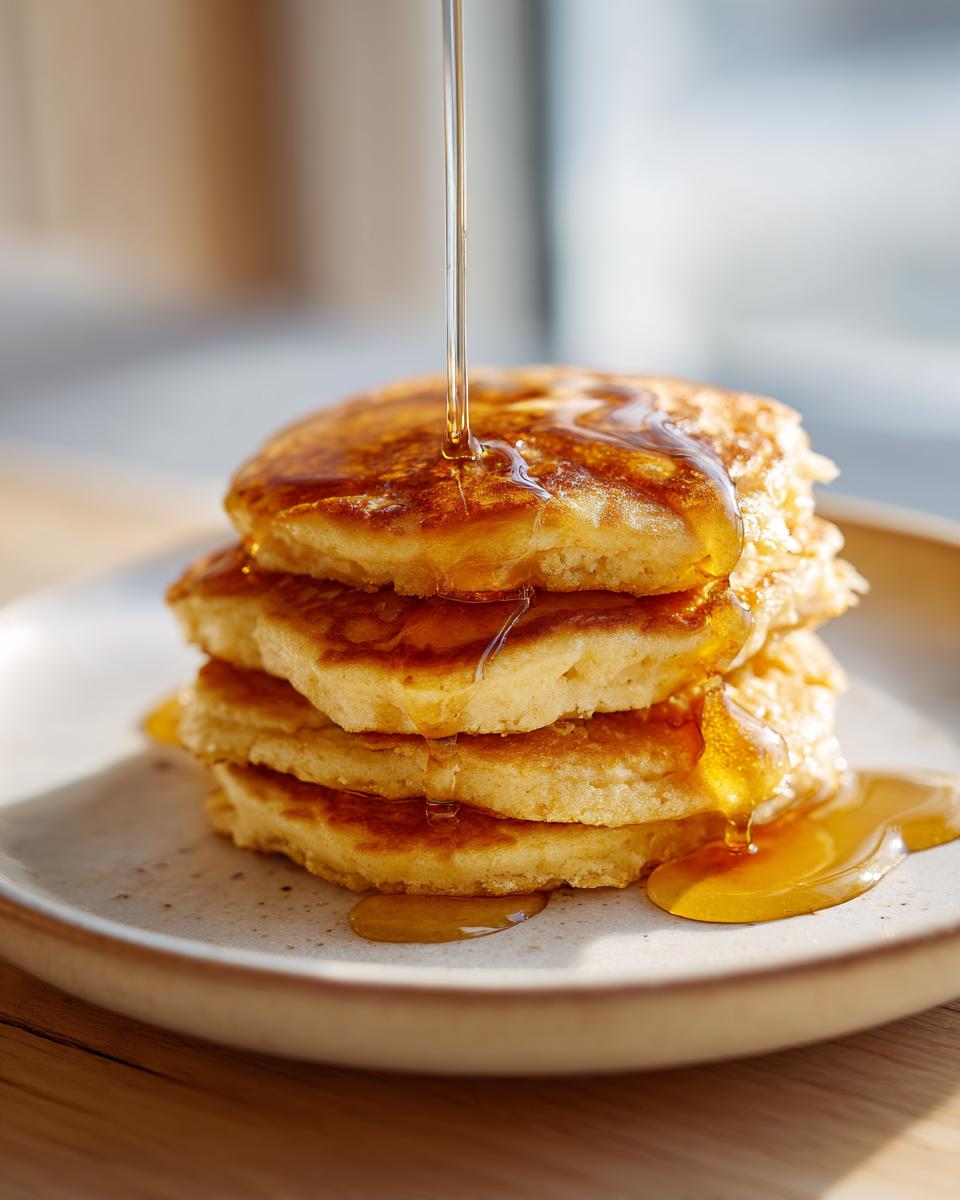 A stack of four golden brown almond flour pancakes being drizzled generously with maple syrup.
