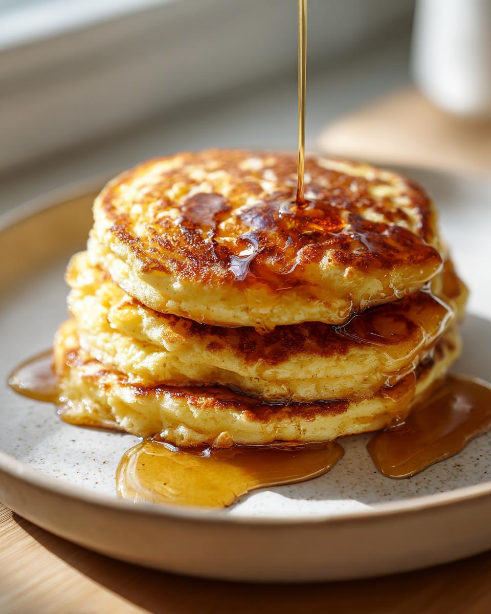 A tall stack of golden brown almond flour pancakes being drizzled with maple syrup on a speckled plate.