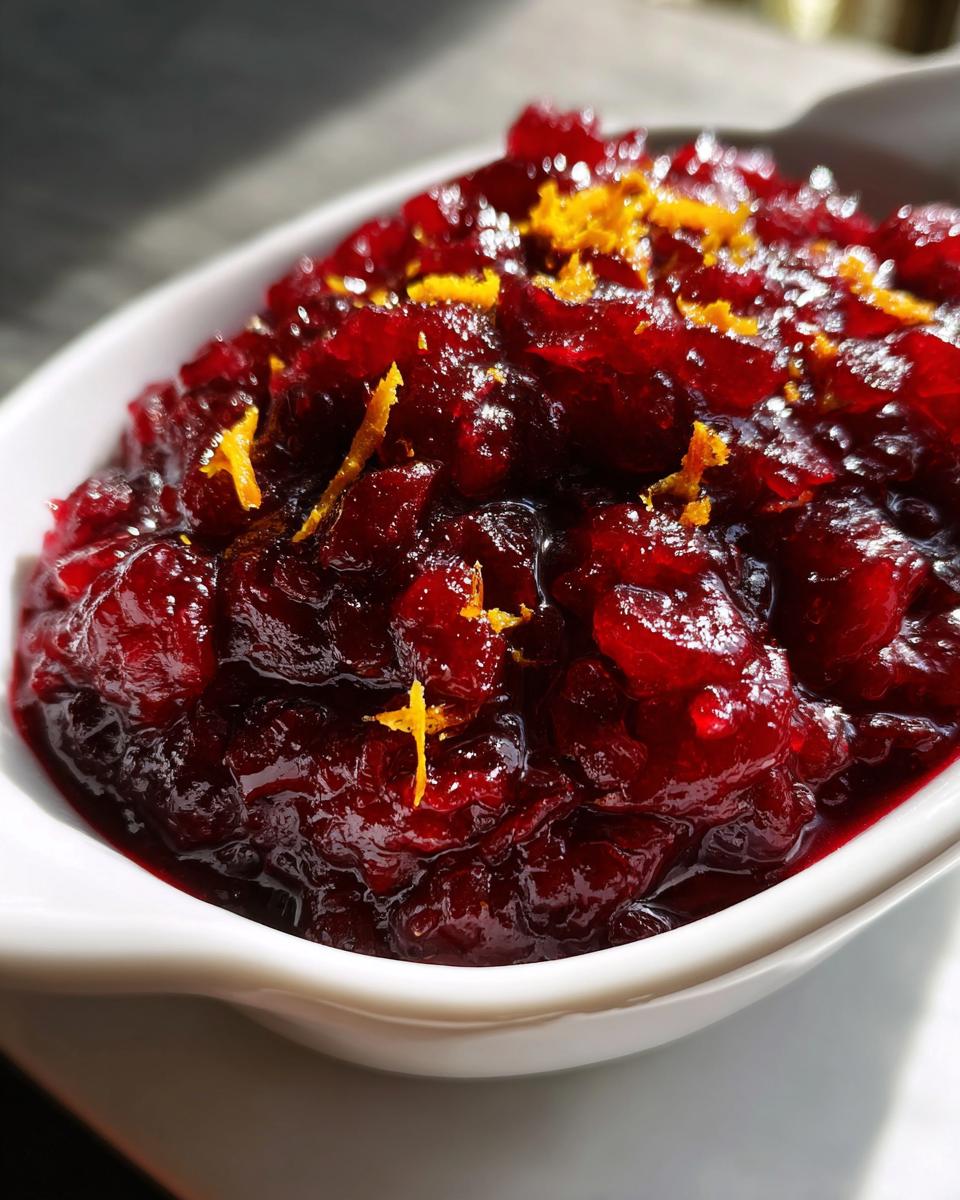 Close-up of rich, dark red homemade cranberry sauce topped with bright orange zest.