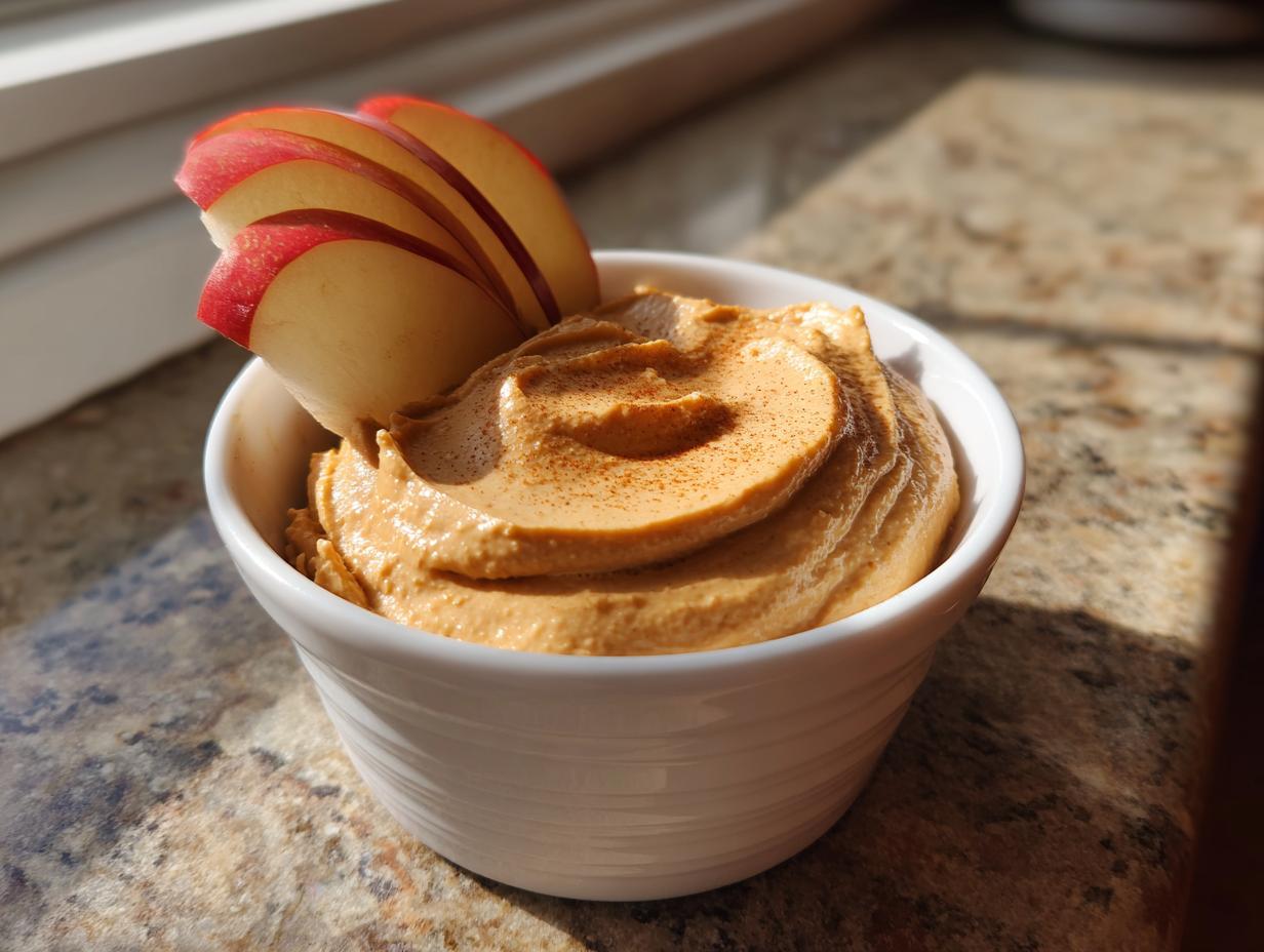 A small white bowl filled with creamy, orange-colored fruit dip, garnished with cinnamon and served with fresh red apple slices.