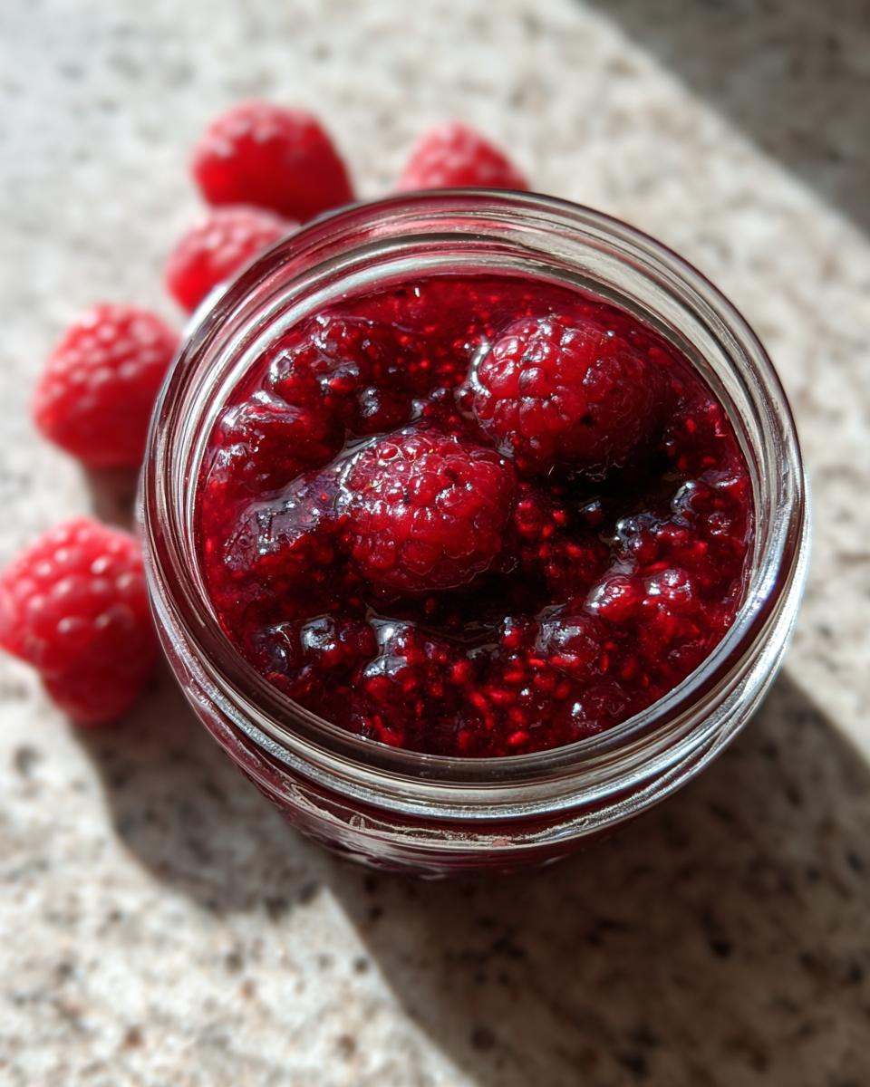 Overhead view of a glass jar filled with rich, homemade raspberry jam, with fresh raspberries scattered nearby.