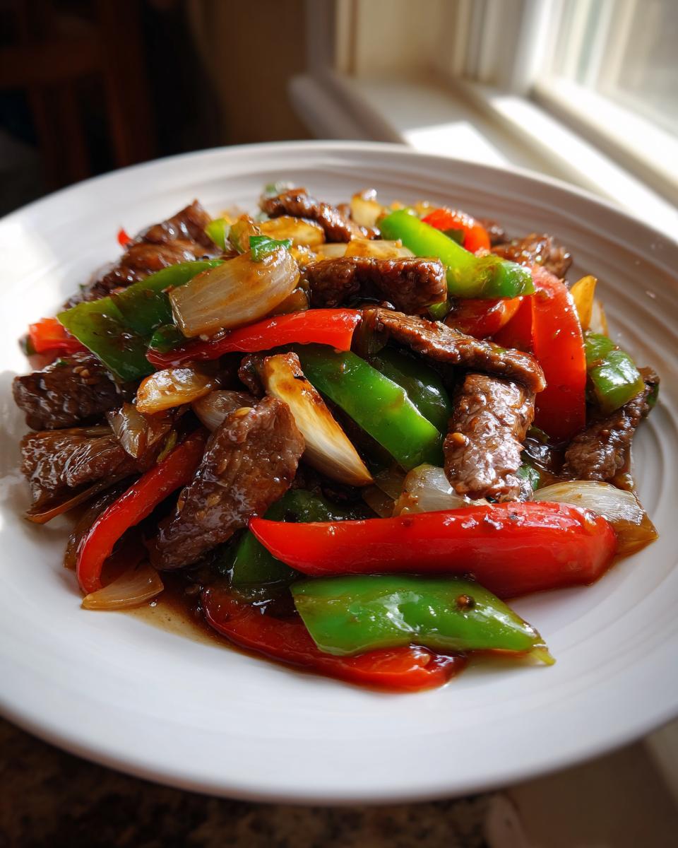 A plate of vibrant pepper steak stir-fry featuring beef strips, red and green bell peppers, and onions coated in sauce.
