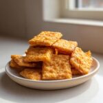A small pile of golden, homemade cheese crackers stacked on a light ceramic plate near a window.