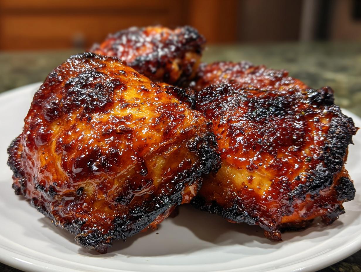 Close-up of three perfectly cooked, glazed, and slightly charred chicken thighs on a white plate.