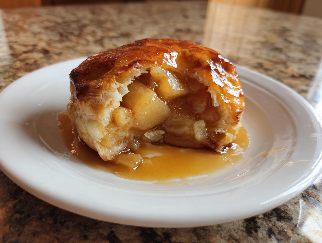 A close-up of a warm, golden-brown apple dumpling cut open to show spiced apple filling and rich caramel sauce.