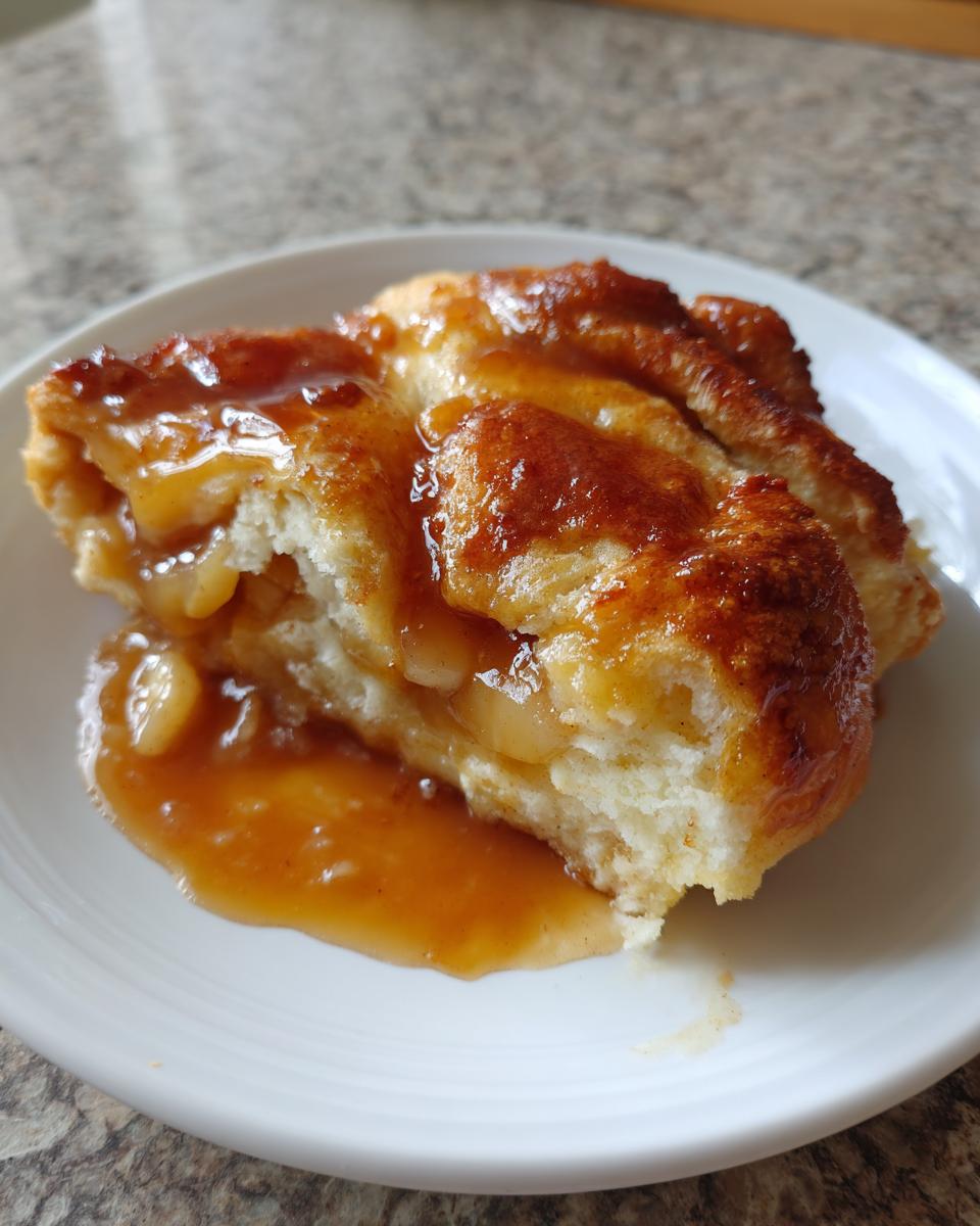 A close-up of a warm, baked apple dumpling slice covered in rich caramel sauce on a white plate.