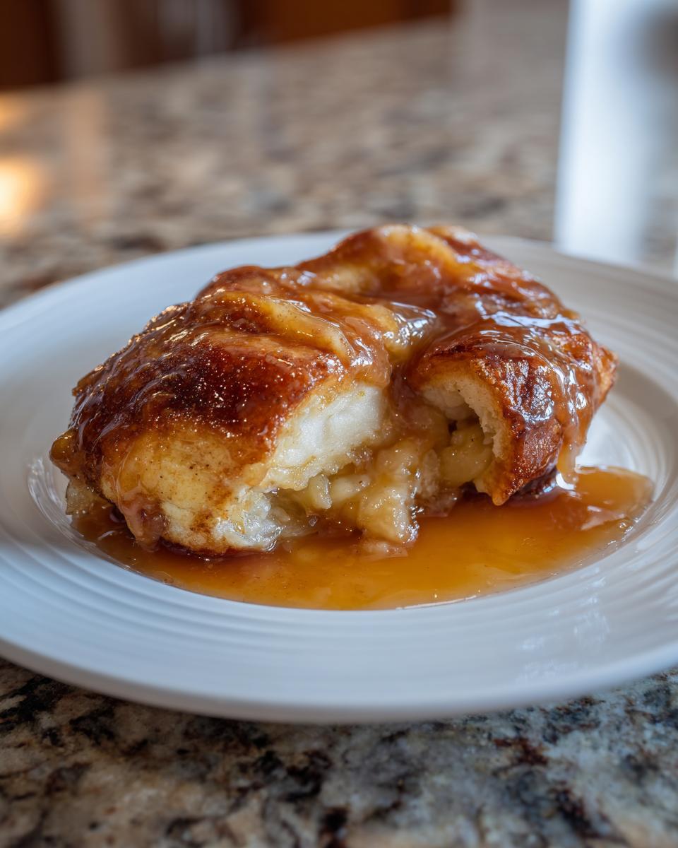 A close-up of a warm apple dumpling split open, showing soft filling and covered in rich caramel sauce.