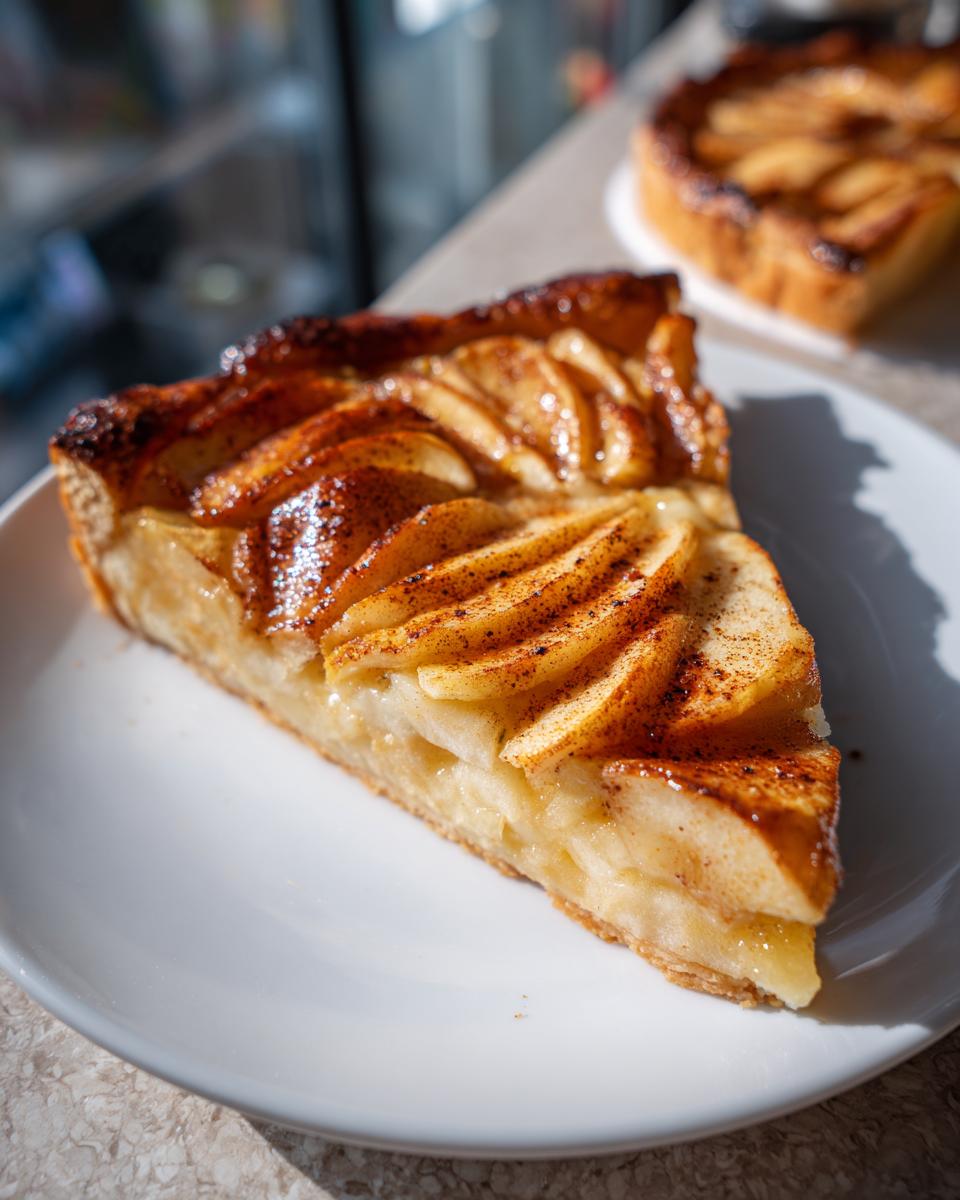 A close-up slice of amazing apple tart featuring caramelized apples and a flaky crust, dusted with cinnamon.