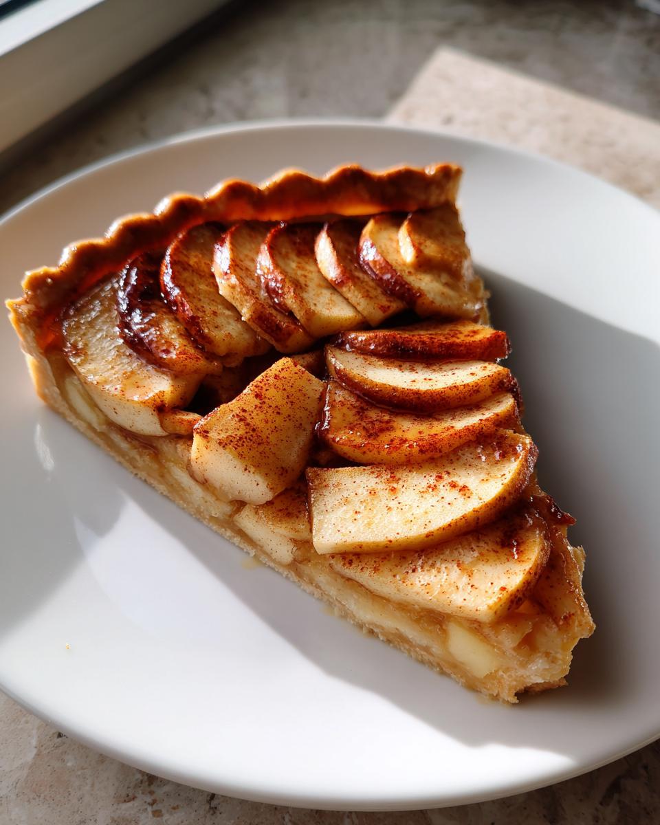 A close-up slice of an amazing apple tart featuring layered, caramelized apple slices dusted with cinnamon on a white plate.