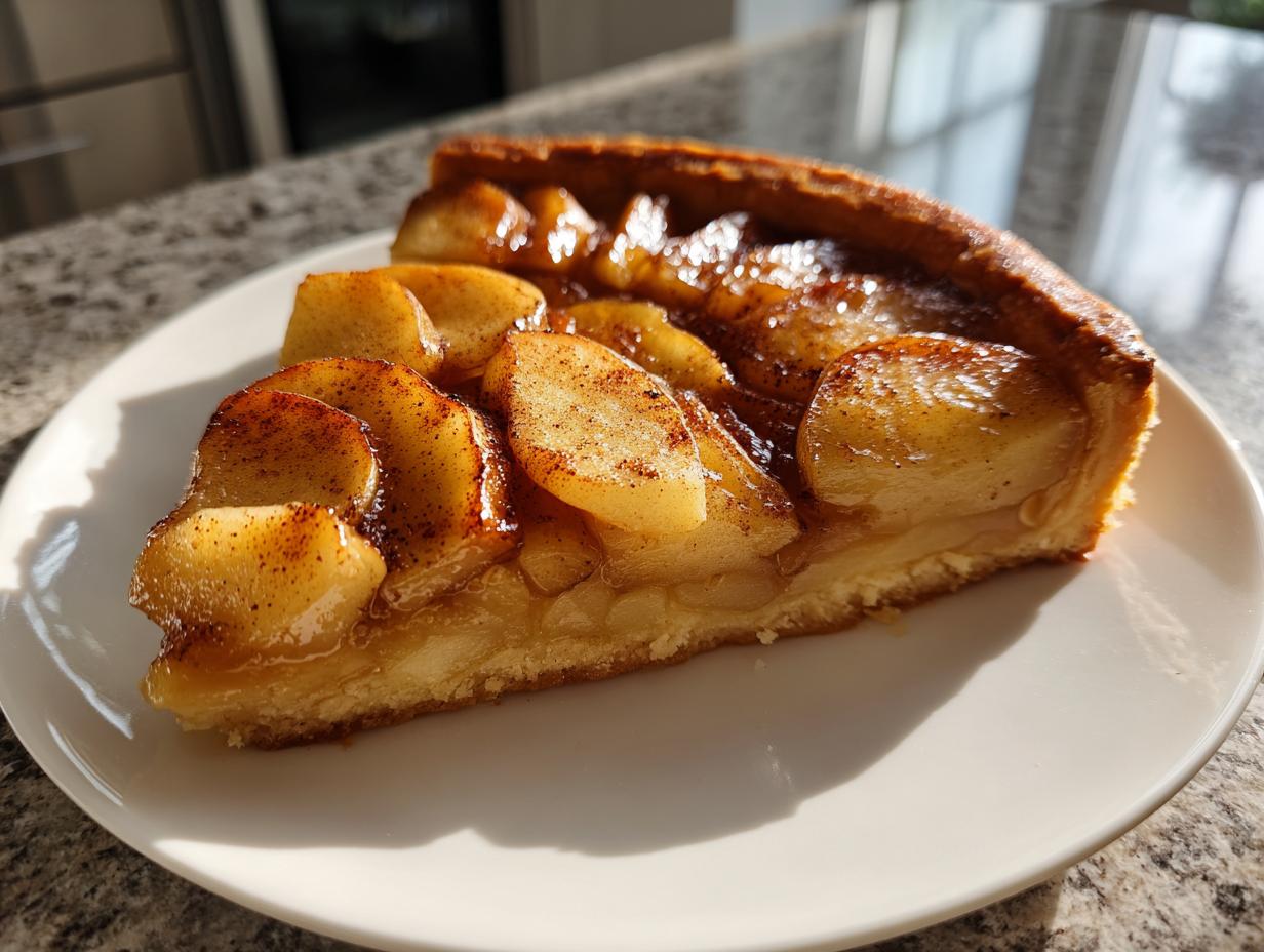A close-up slice of an amazing apple tart featuring caramelized, cinnamon-dusted apple slices on a flaky crust, served on a white plate.