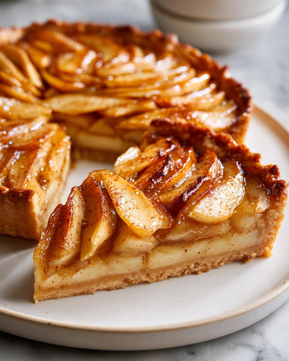 A close-up of a slice of amazing apple tart featuring thinly sliced, glazed apples dusted with cinnamon on a flaky crust.
