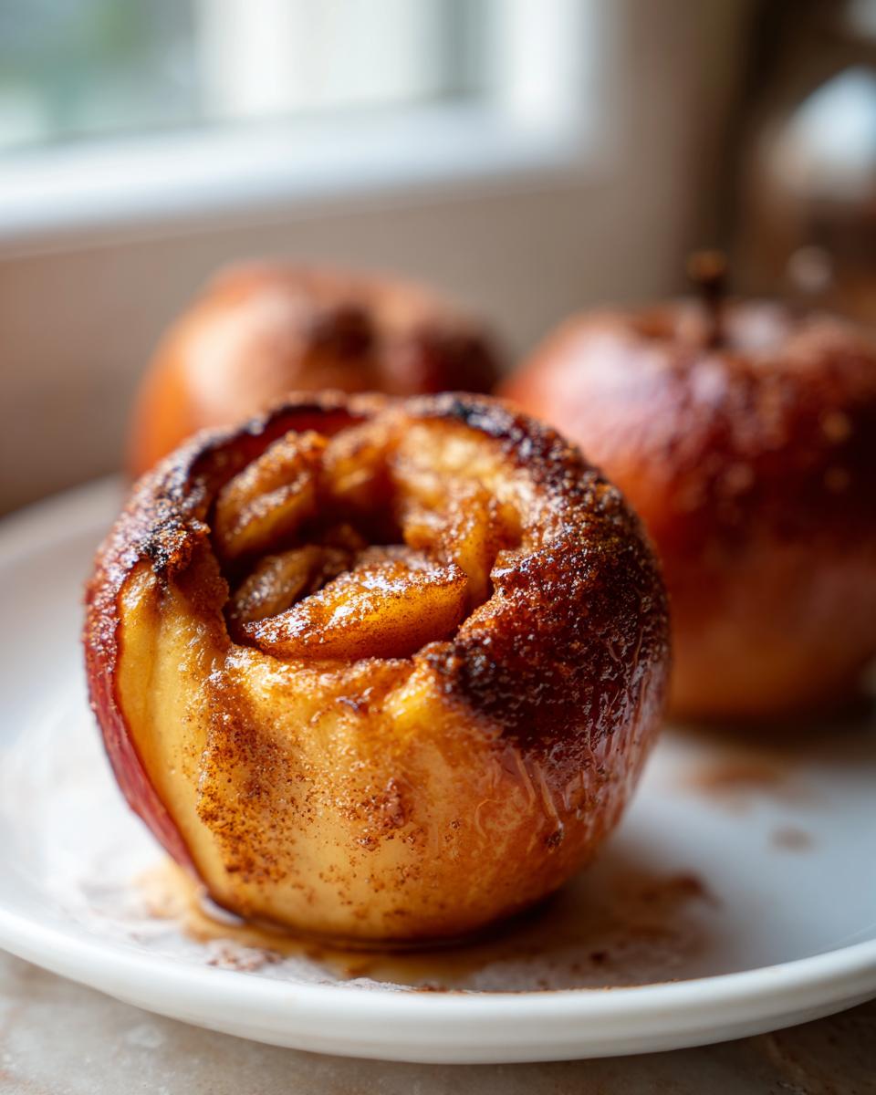 A close-up of a perfectly baked apple, cored and filled with cinnamon sugar filling, sitting on a white plate.