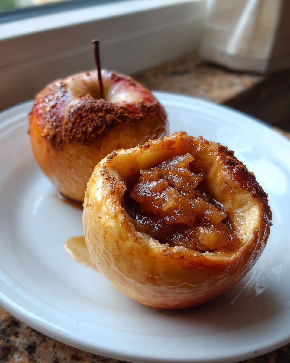 Two baked apple halves, one filled with gooey cinnamon filling, served on a white plate.