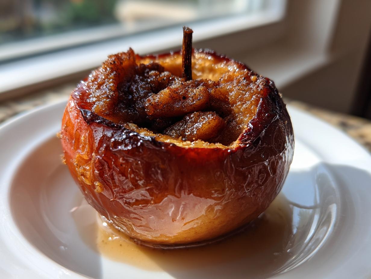 Close-up of a glistening, caramelized baked apple filled with brown sugar and spices, sitting in syrup on a white plate.