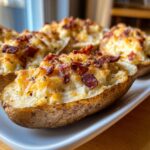 Close-up of a delicious baked potato casserole half, stuffed with creamy filling, melted cheese, and crispy bacon bits.