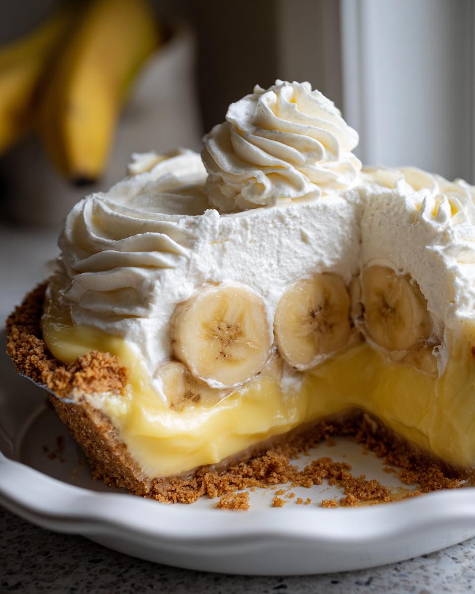 Close-up of a slice missing from a homemade banana cream pie, showing layers of crust, custard, banana slices, and whipped cream topping.