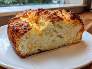 A thick slice of freshly baked beer bread showing a fluffy interior and a golden, cheesy, baked top crust.