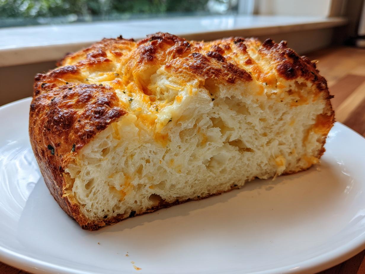 A thick slice of freshly baked beer bread showing a fluffy interior and a golden, cheesy, baked top crust.