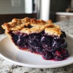 Close-up of a juicy slice from an amazing blueberry pie recipe showing thick, dark blueberry filling and flaky crust.