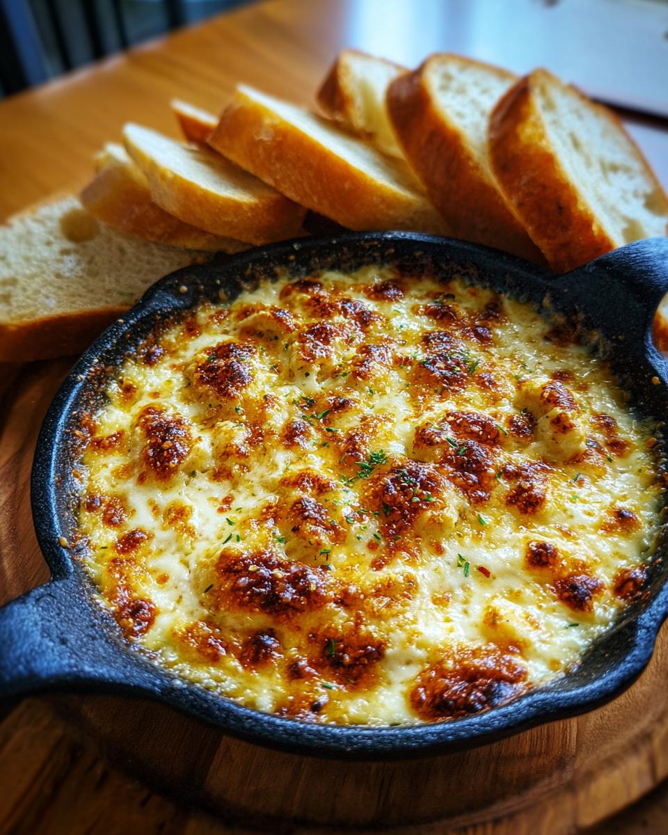 Hot, bubbly, cheesy bread dip served in a small black cast iron skillet with sliced baguette pieces.