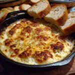 Close-up of a hot, bubbly, cheesy bread dip served in a small cast iron skillet with slices of toasted bread.