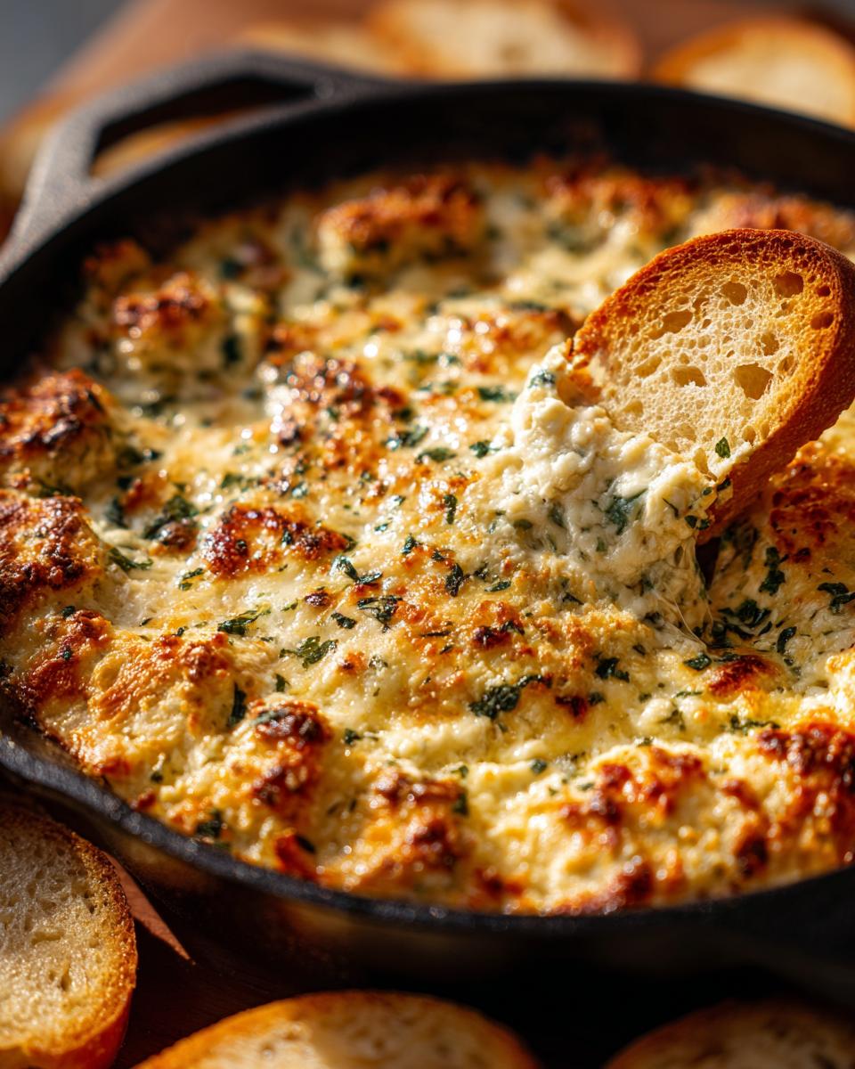 A piece of toasted bread is dipped into a hot, bubbly, cheesy bread dip served in a cast-iron skillet.