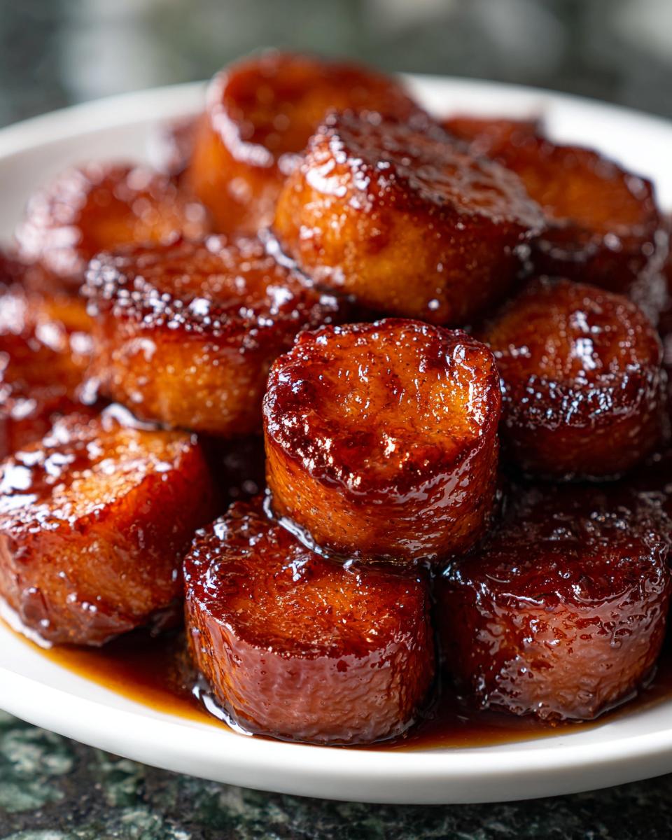 Close-up of thick, round slices of candied yams covered in a rich, dark, glossy glaze.