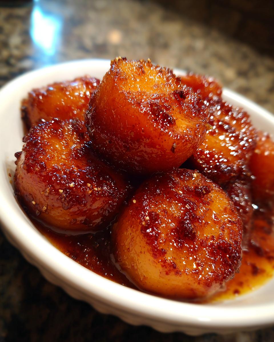 Close-up of several glistening, caramelized candied yams soaking in a rich, dark syrup in a white serving dish.