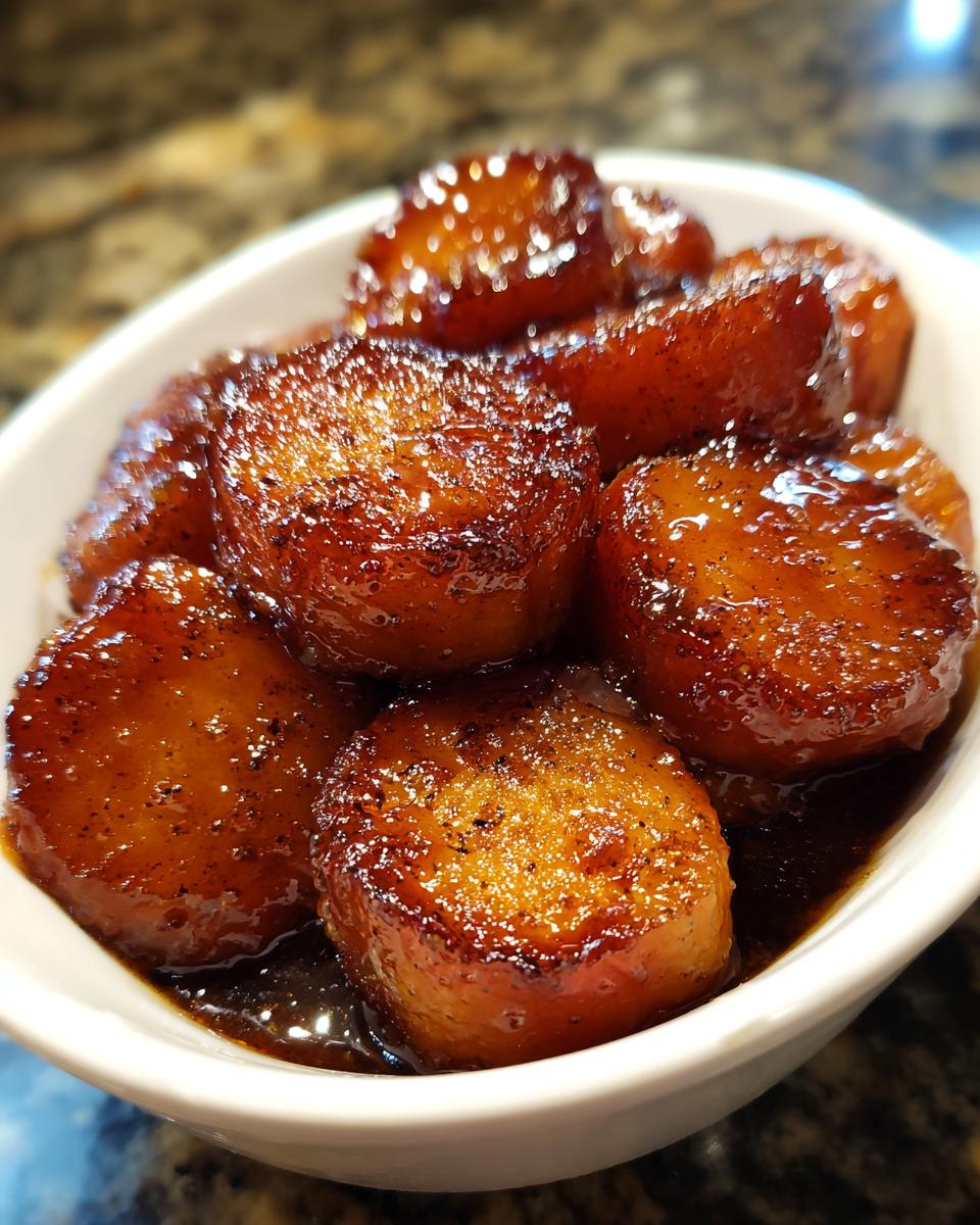 Close-up of thick, round slices of candied yams glistening in a rich, dark syrup inside a white serving bowl.