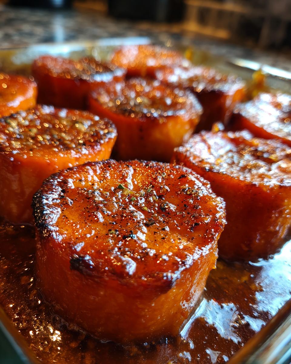Close-up of thick-cut, glazed candied yams soaking in a rich, dark syrup and sprinkled with spices.