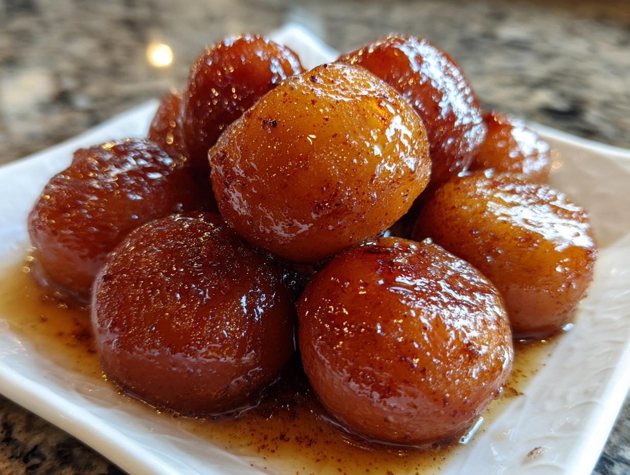A close-up shot of several glossy, round candied yams sitting in a rich brown syrup on a white dish.