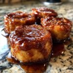 Four individual, round portions of sweet candied yams dripping with thick, glossy brown sugar glaze.