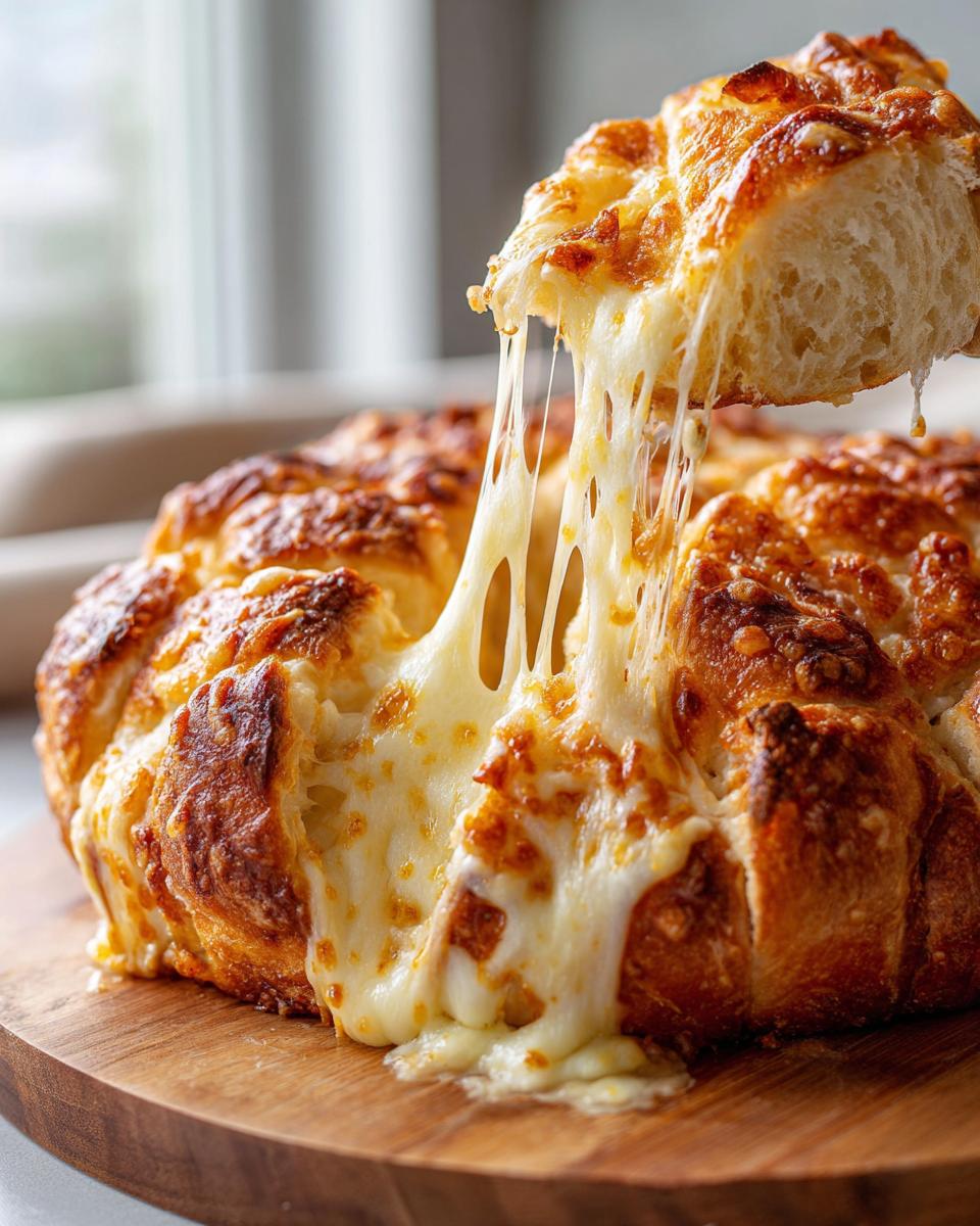A piece of pull-apart cheese bread being lifted, showing long, gooey cheese strings stretching from the loaf.