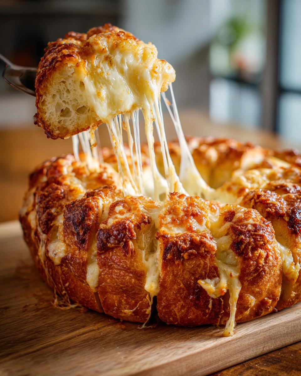 A piece of amazing cheese bread is being pulled away, showing long, melted cheese strings stretching from the loaf.