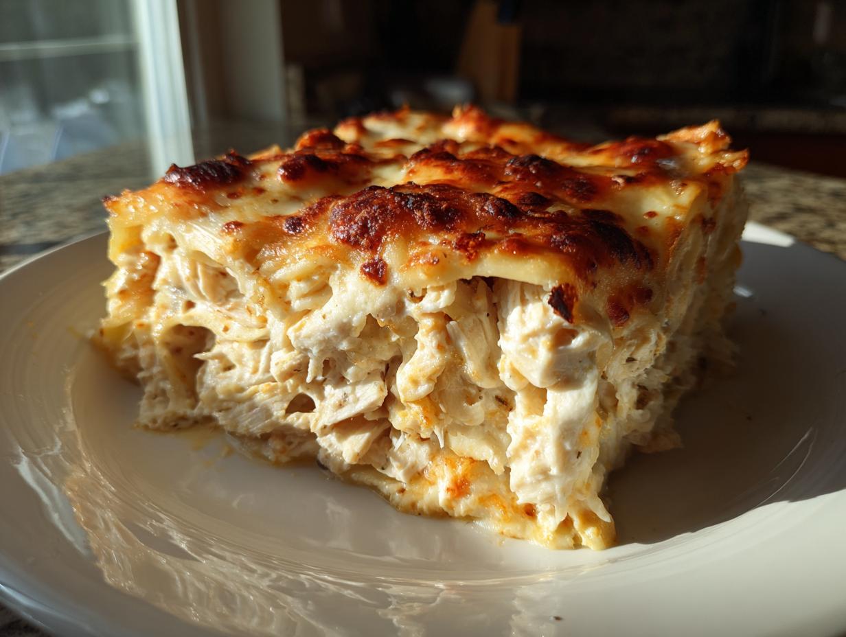 A thick, creamy slice of chicken lasagna showing shredded chicken filling and a bubbly, browned cheese topping.