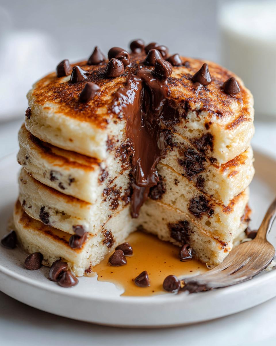 A stack of fluffy chocolate chip pancakes cut open to show melted chocolate oozing out, topped with chocolate chips and syrup.