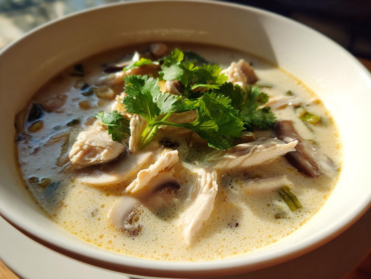 Close-up of a creamy, rich bowl of coconut soup featuring shredded chicken, sliced mushrooms, and fresh cilantro garnish.