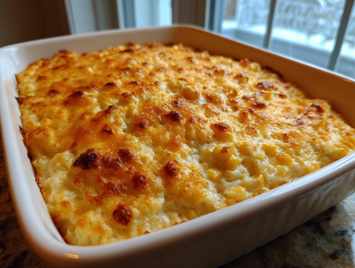 A close-up of a freshly baked corn dip in a white casserole dish, featuring a bubbly, browned cheese top.