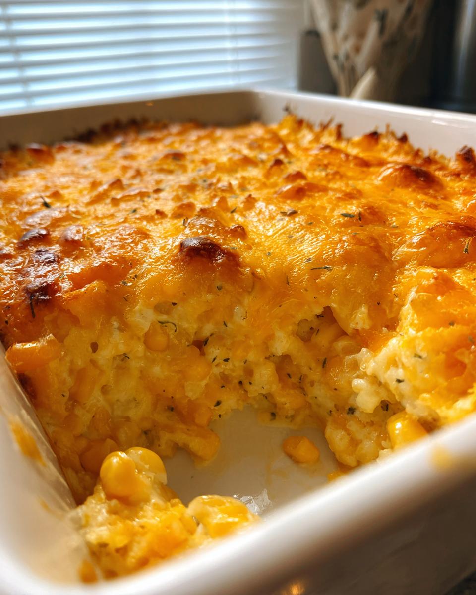 Close-up of a baked corn dip in a white dish, showing a bubbly, golden-brown cheese crust and creamy corn filling.