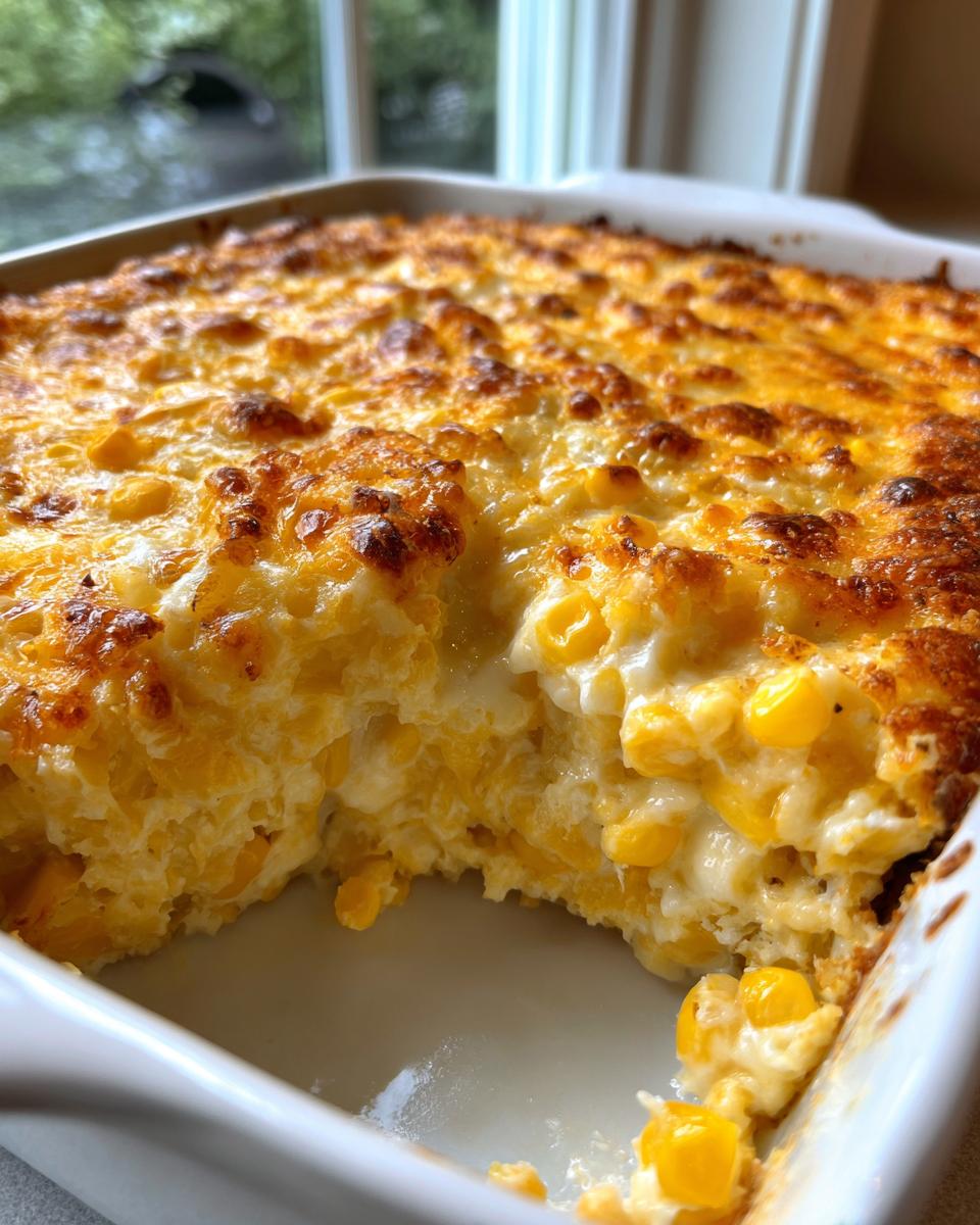 Close-up of a creamy, baked corn dip with visible kernels and a golden, cheesy crust.